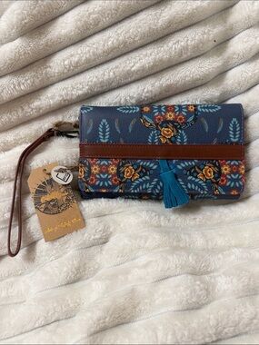 Catchfly Studios Wristlet Wallet w/ Western Blue Floral Design & Leather Tassel